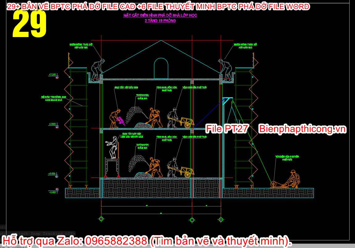 Bản vẽ cad biện pháp thi công phá dỡ trường học 2 tầng.
