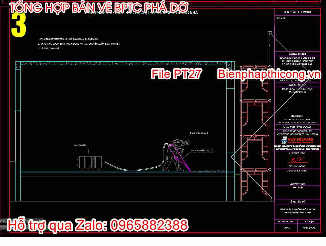 Bản vẽ biện pháp thi công bóc gạch phá dỡ nền nhà.