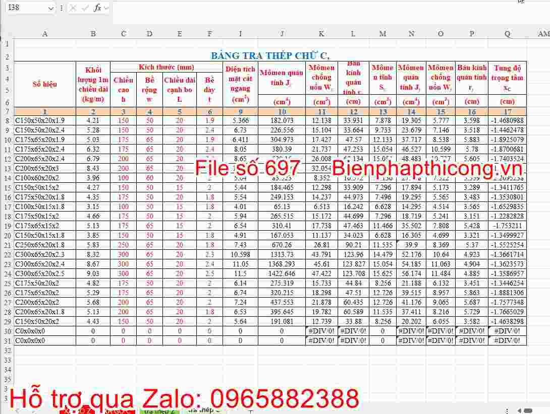 Bảng tra thép chữ C