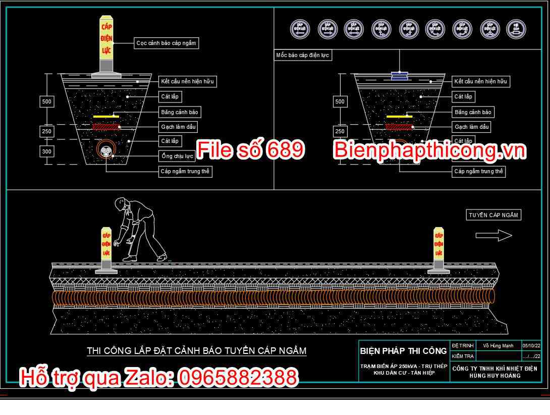 Mẫu bản vẽ biện pháp thi công lắp đặt cảnh báo tuyến cáp ngầm.