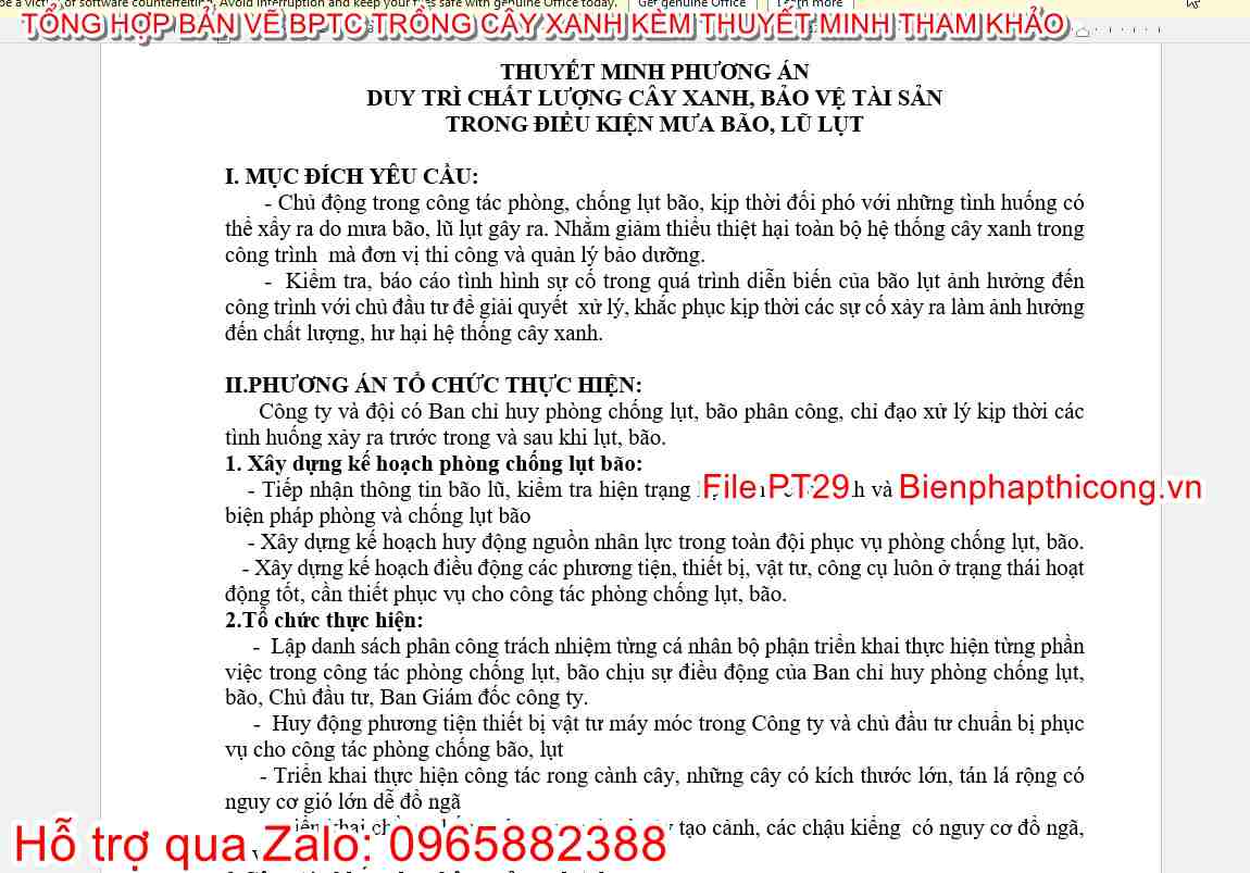 Thuyết minh phương án duy trì chất lượng cây xanh.