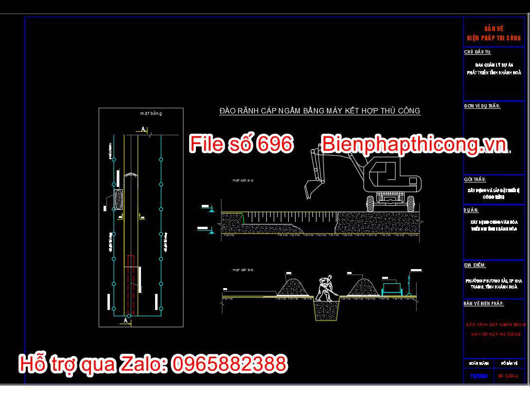 Bản vẽ biện pháp đào rãnh cáp ngầm bằng máy kết hợp thủ công.