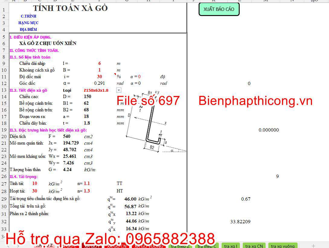 Bảng tính xà gồ Z chống xiên.