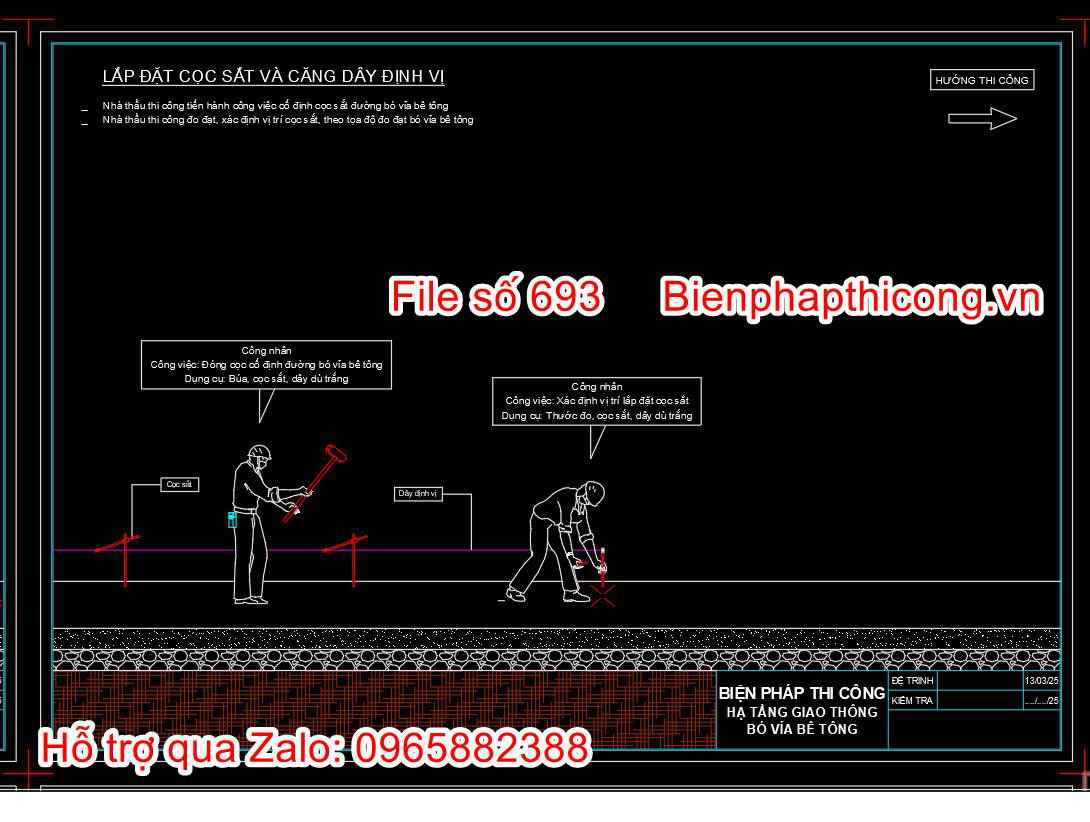 Biện pháp lắp đặt cọc sắt và căng dây định vị cad.