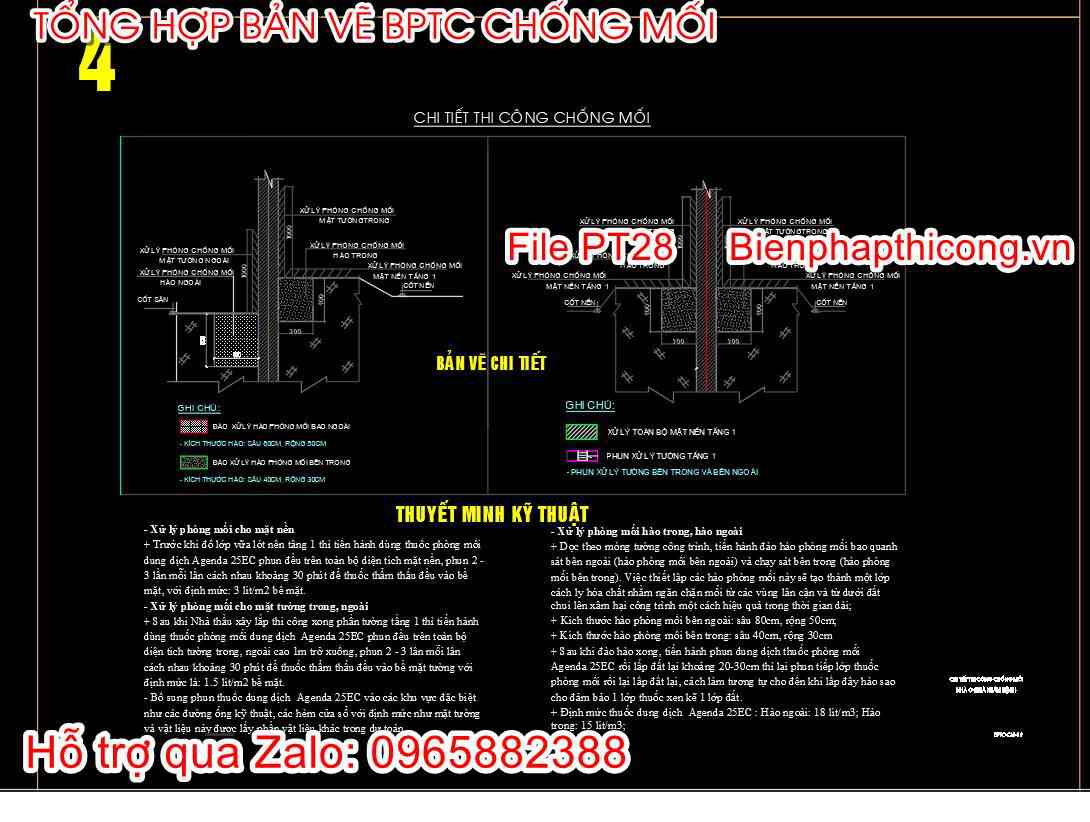 Mẫu bản vẽ biện pháp thi công chống thấm cad.