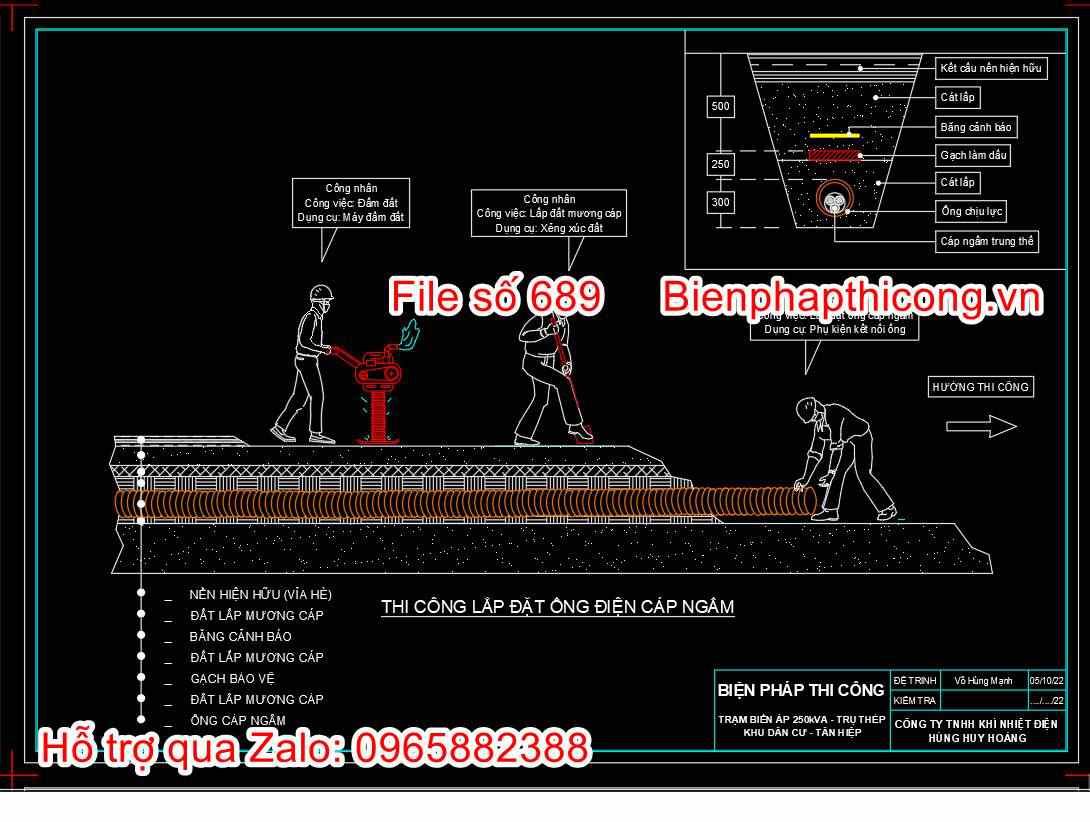 Mẫu bản vẽ biện pháp thi công ống điện cáp ngầm cad.