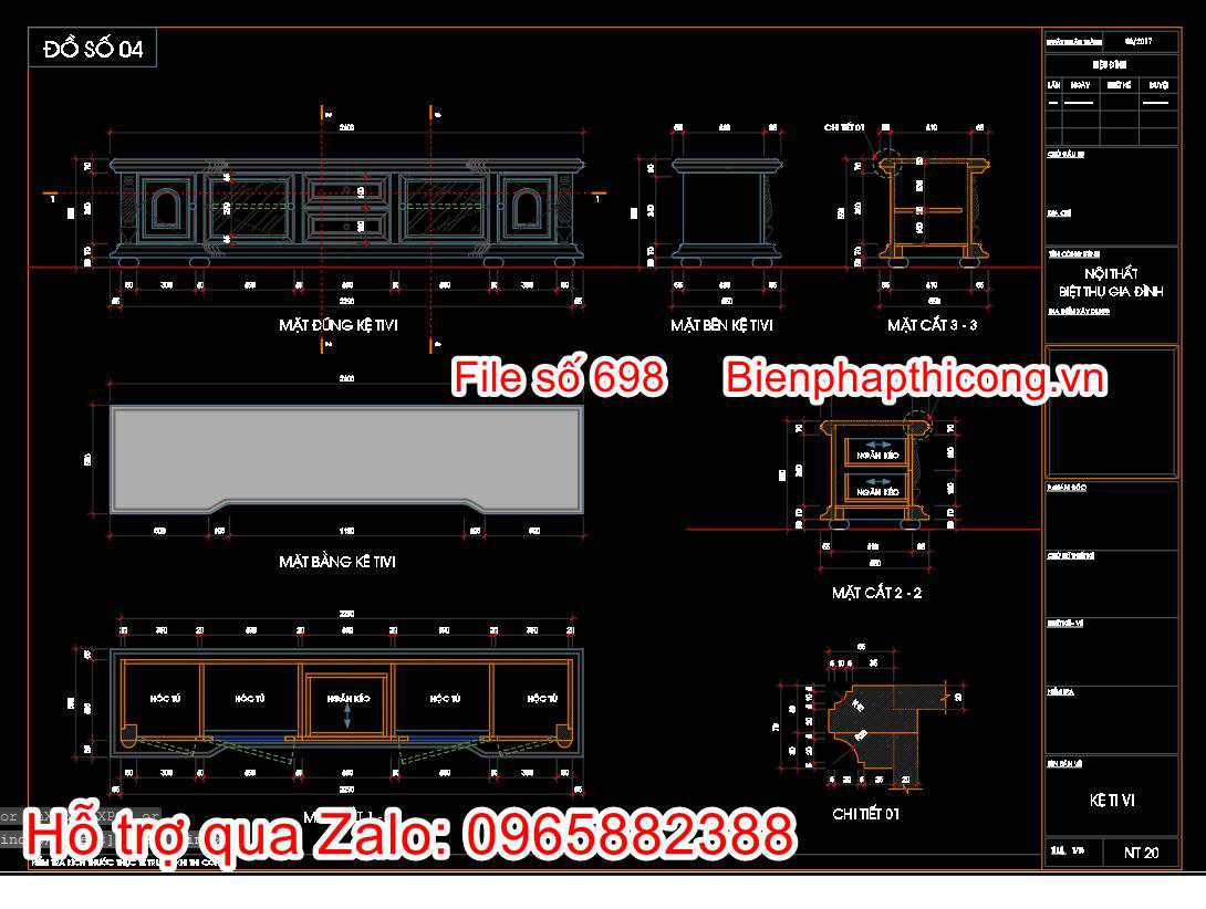 Bản vẽ bổ chitiết kệ tivi gỗ tân cổ điển.
