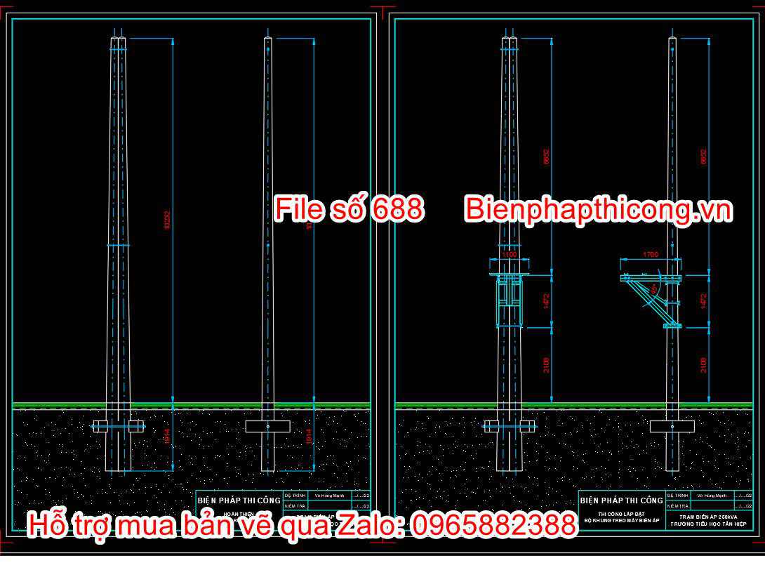 Bản vẽ biện pháp thi công bộ khung treo trạm biến áp cad.
