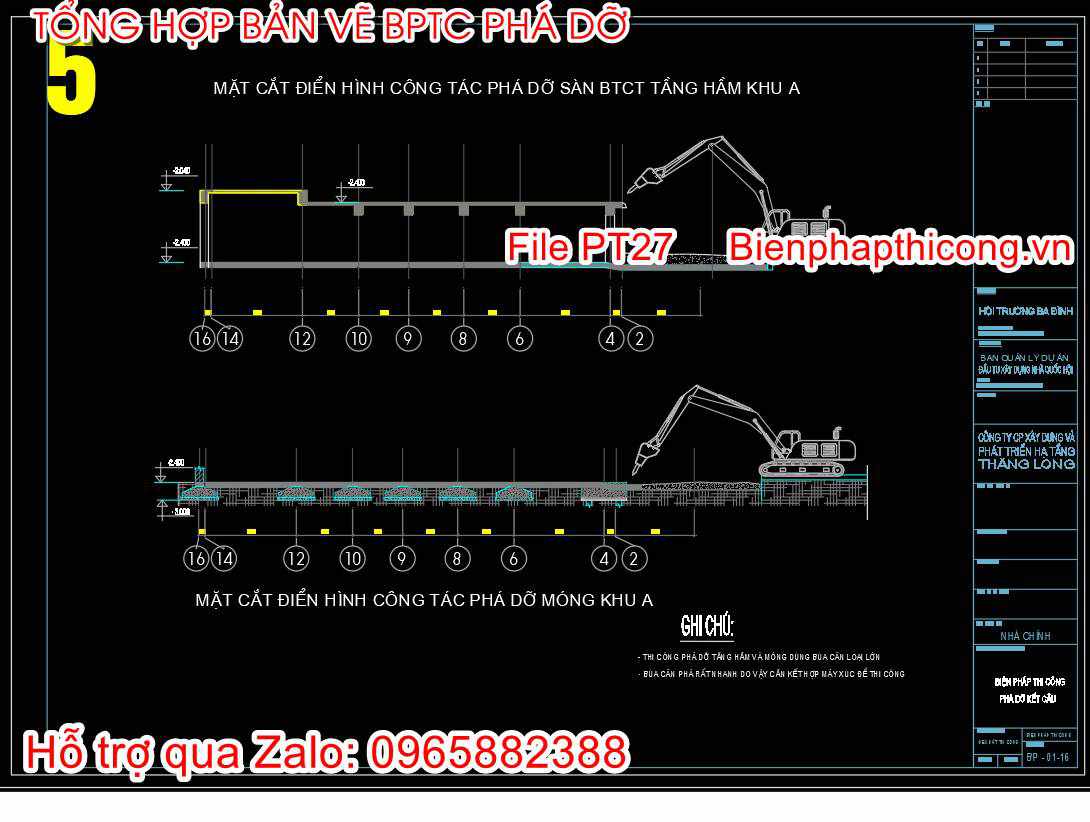 Bản vẽ mặt cắt phá dỡ sàn btct bằng máy.