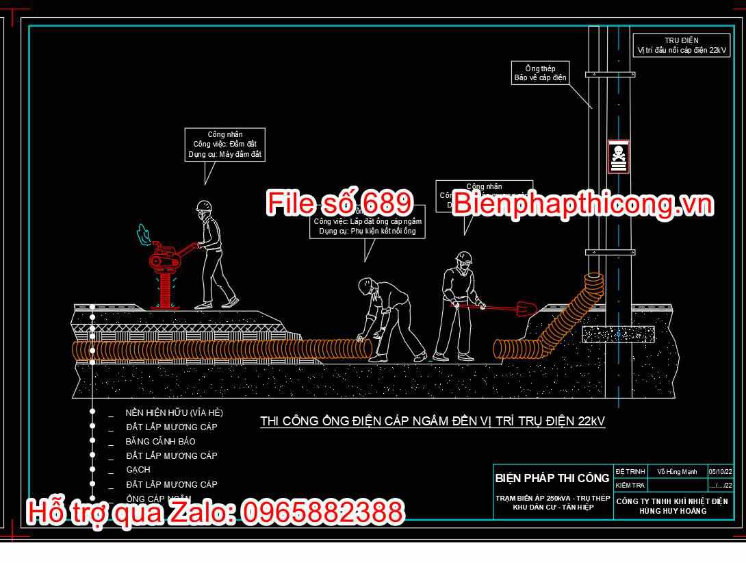 Biện pháp thi công ống điện cáp ngầm đến vị trí trụ điện 22kv