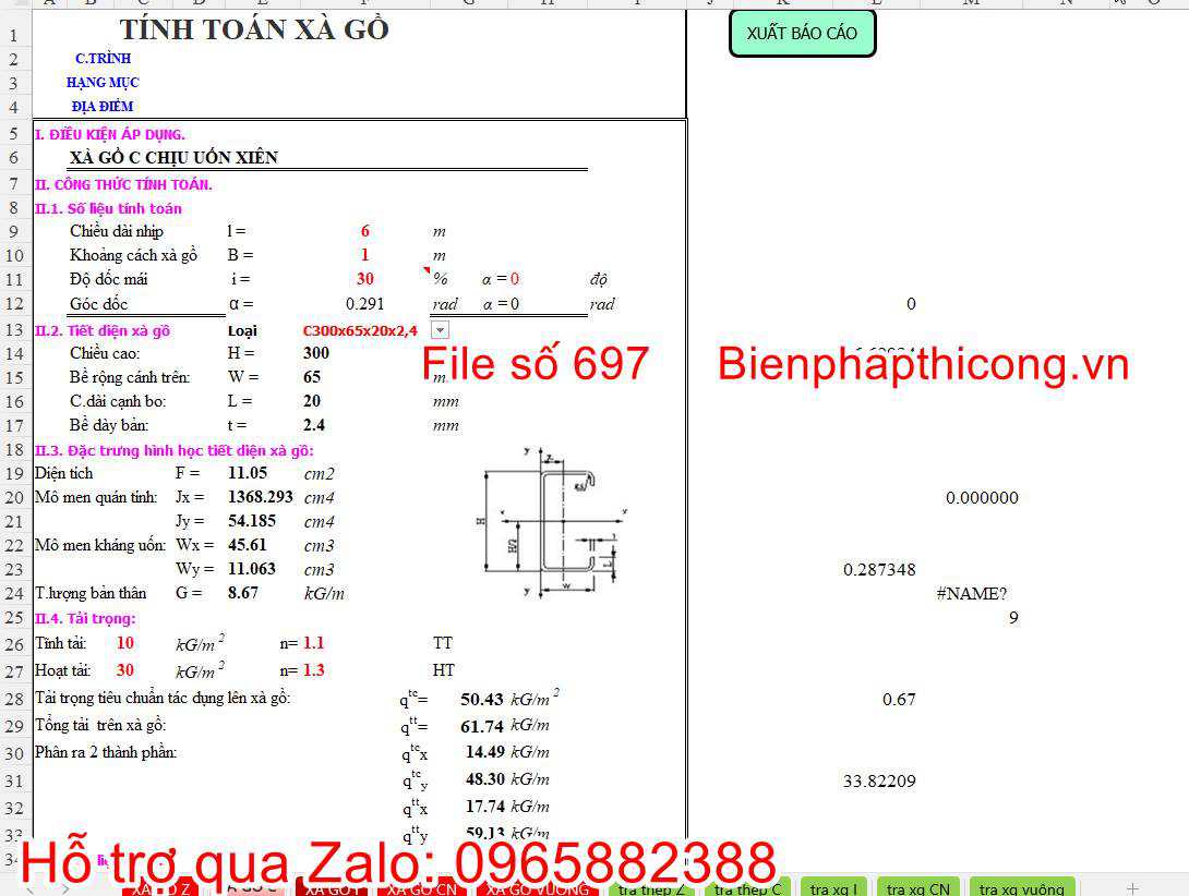 File excel tính xà gồ C