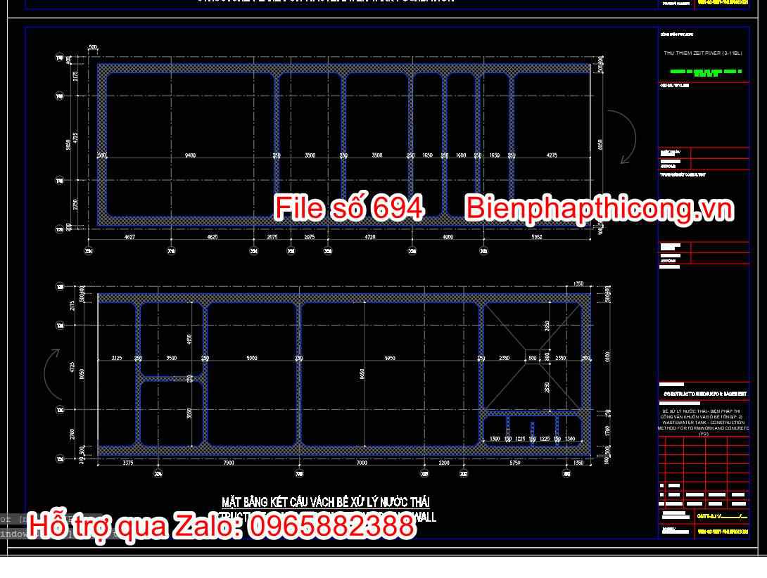 Mặt bằng kết cấu vách bể xử lý nước thải.
