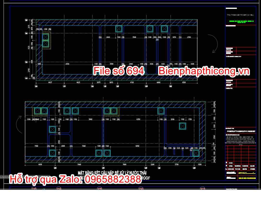 Mặt bằng kết cấu nắp bể xử lý nước thải cad.