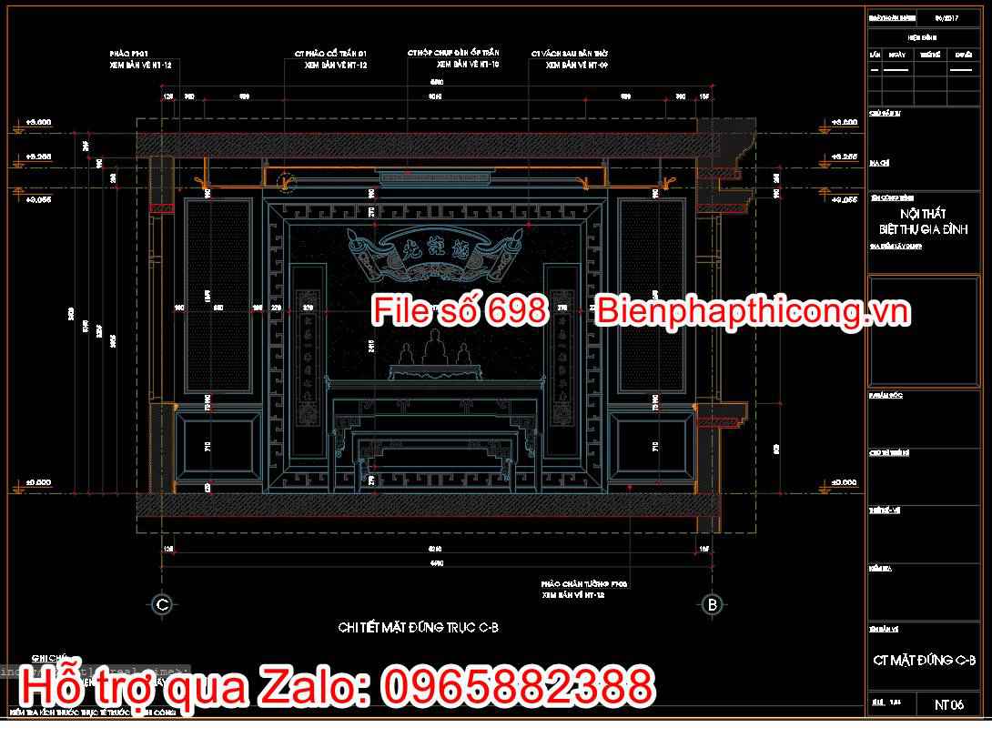 Bản vẽ mặt đứng chi tiết phòng thờ tân cổ điển.