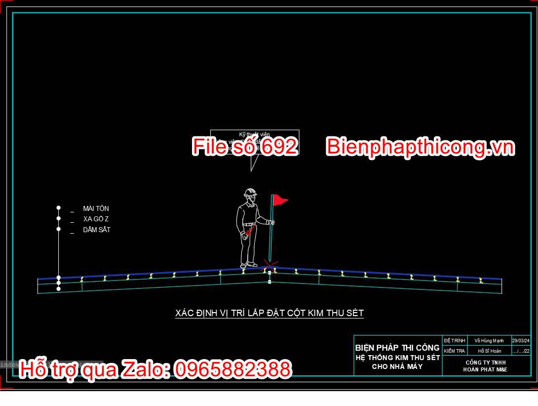 Bản vẽ biện pháp xác định vị trí lắp đặt cột kim thu sét.