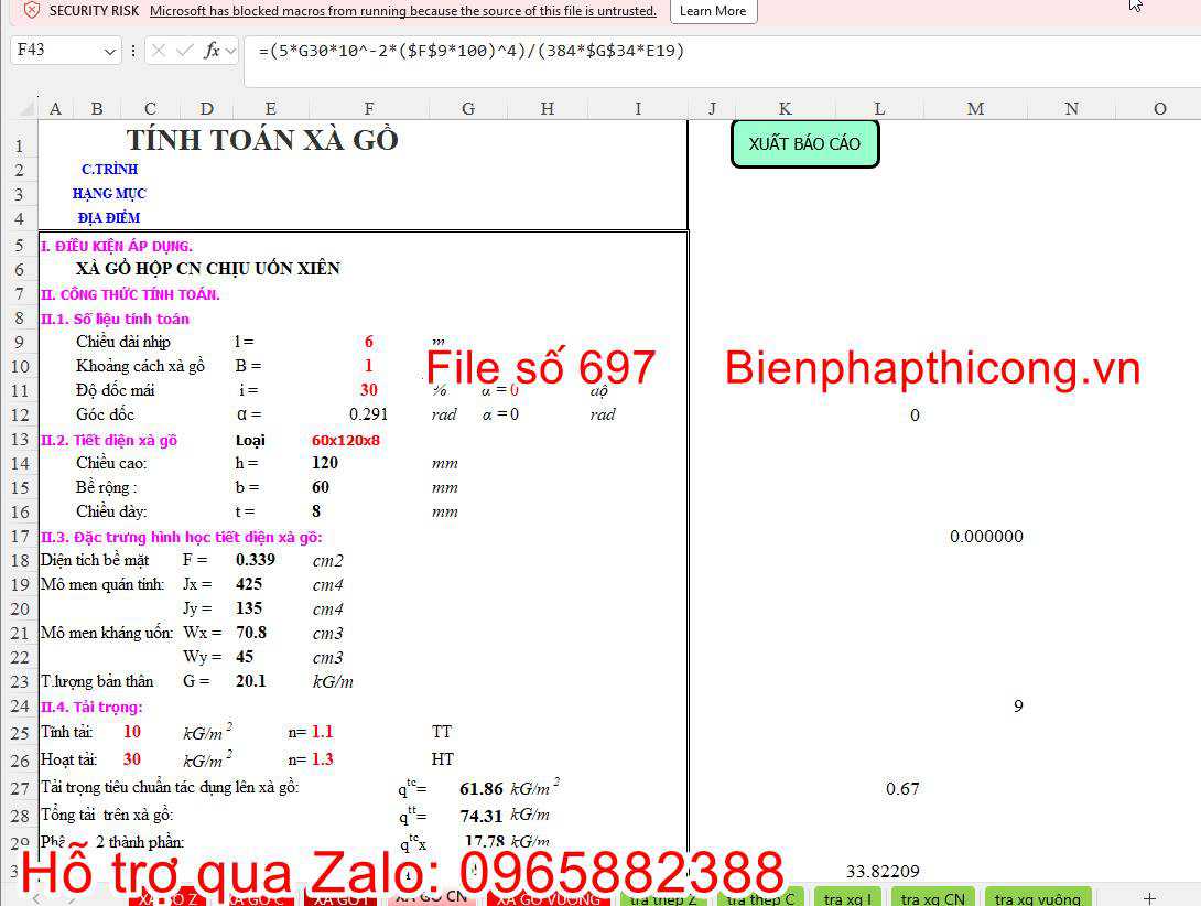 File excel tính xà gồ thép hộp