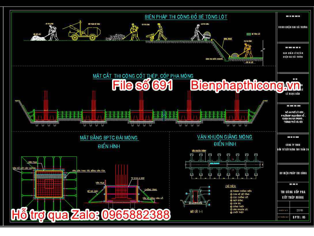 Bản vẽ biện pháp mặt cắt thi công cột thép móng coppha móng.
