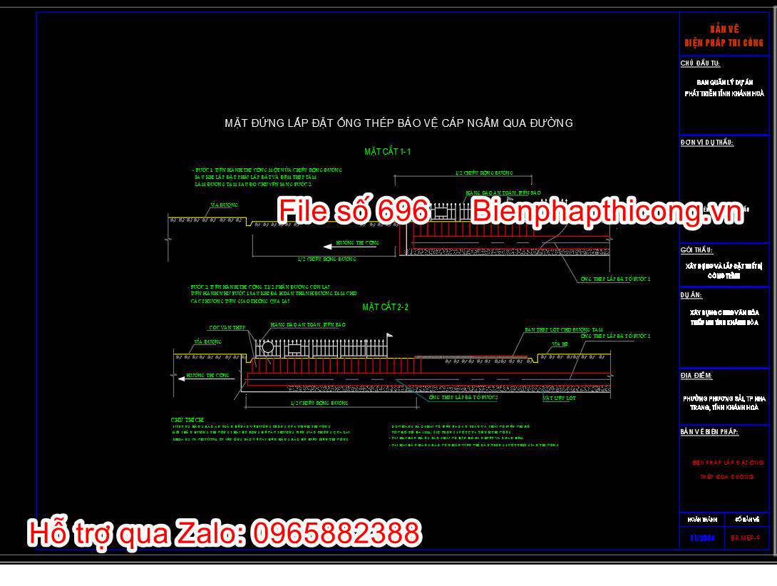 Mặt đứng lắp đặt ống thép bảo vệ cáp ngầm qua đường