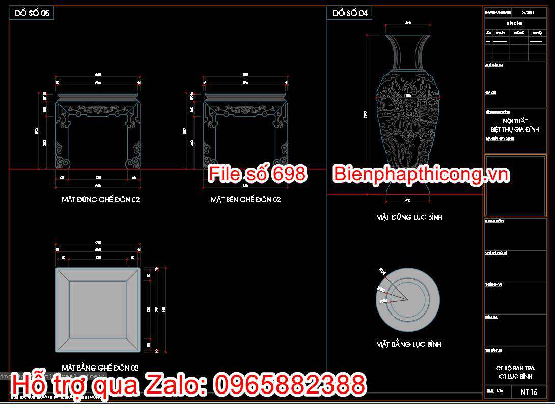 Bản vẽ bổ chi tiết nội thất ghế đôn lục bình.