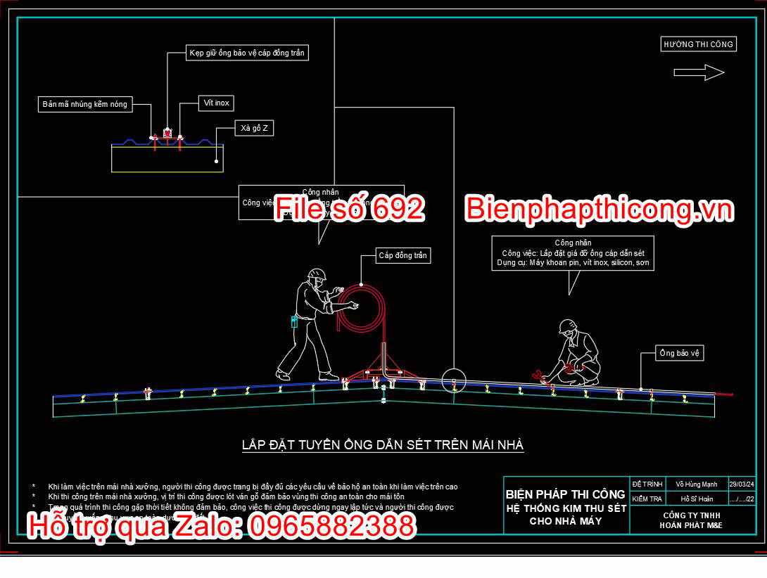 Bản vẽ biện pháp lắp đặt tuyến ống dẫn sét trên mái nhà.