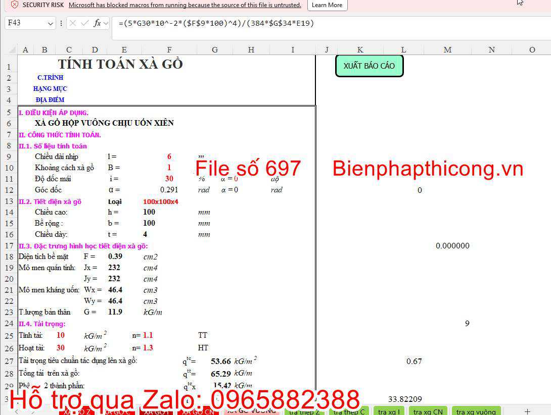 Download file excel tính xà gồ hộp vuông.
