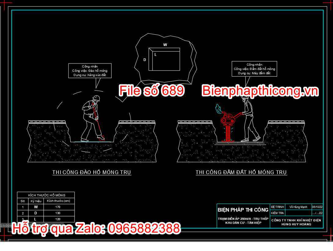 Mẫu bản vẽ biện pháp thi công hố móng trụ cad.