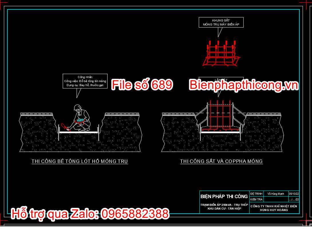 Bản vẽ biện pháp thi công lót hố móng trụ cad.
