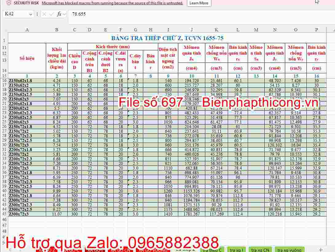 Bảng tra thép chữ Z excel