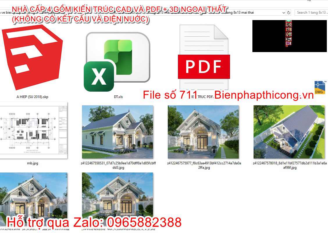 Tải file mẫu nhà cấp 4 mái thái mặt tiền 8m 110m2 3 ngủ.