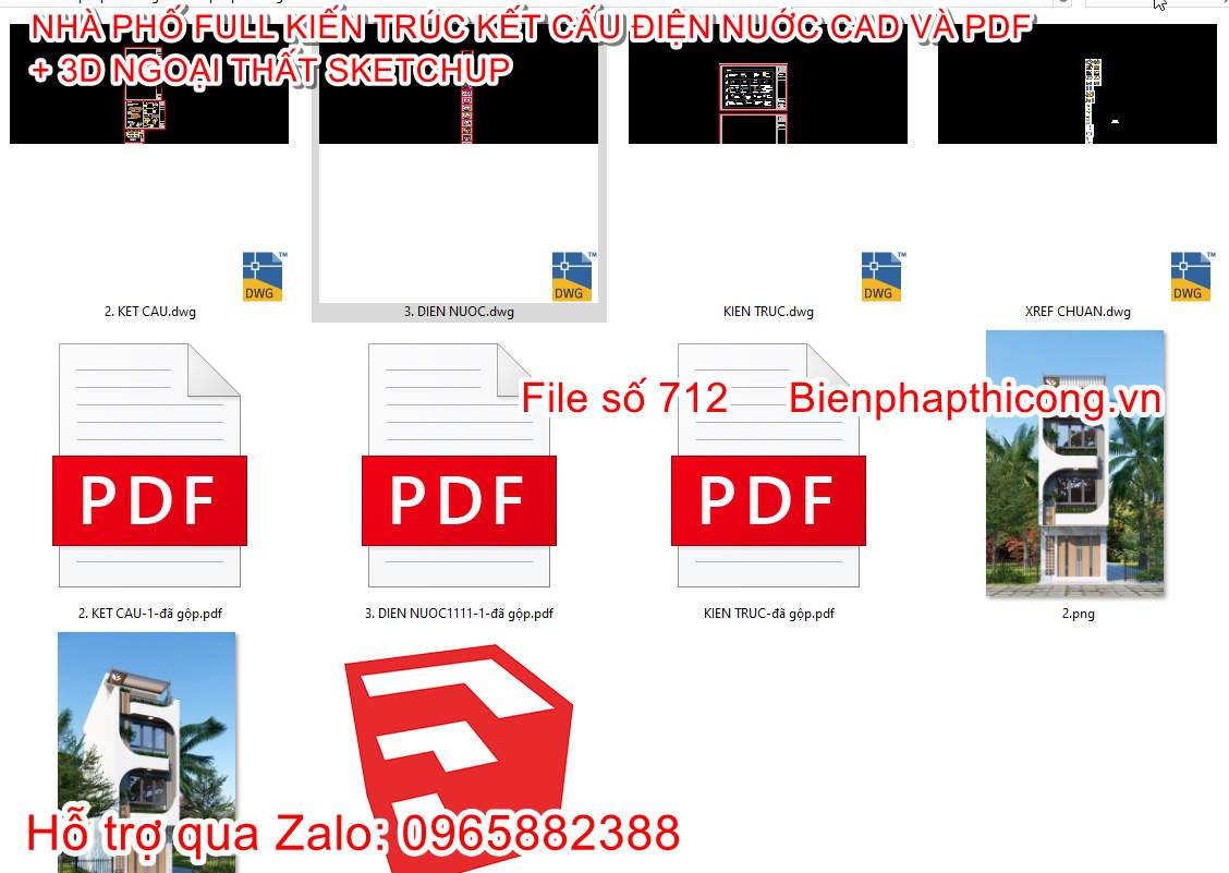 Tải hồ sơ thiết kế bản vẽ nhà phố 4m x 14m 3 tầng 1 tum.