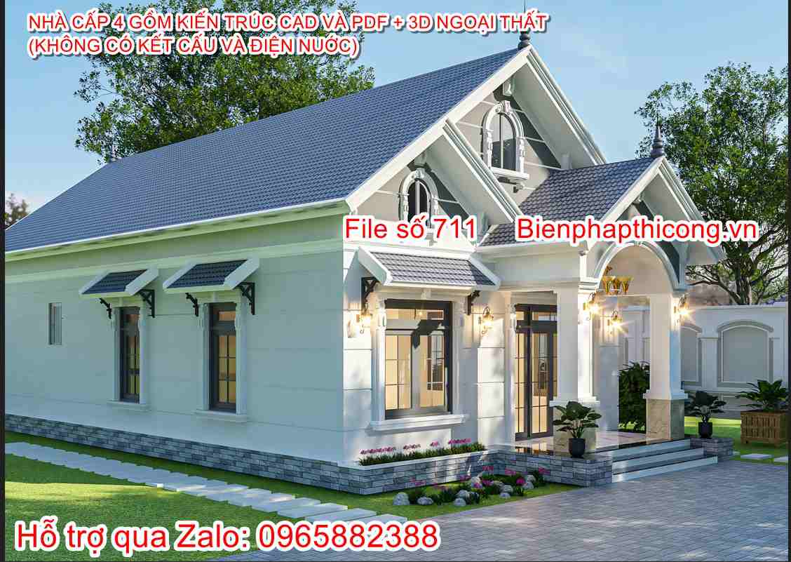 Hồ sơ thiết kế nhà cấp 4 mái thái 8m 3 ngủ cad.