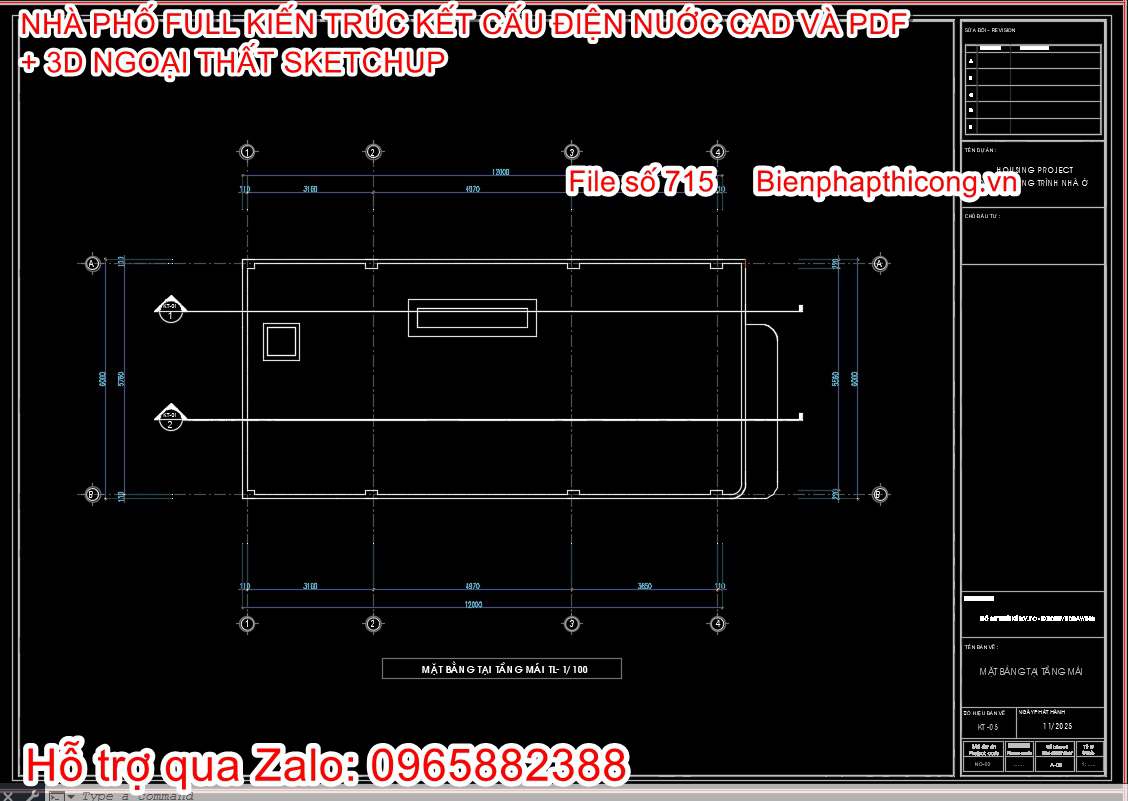 Mặt bằng mái nhà phố 2 tầng 6m x 12m 3 ngủ.
