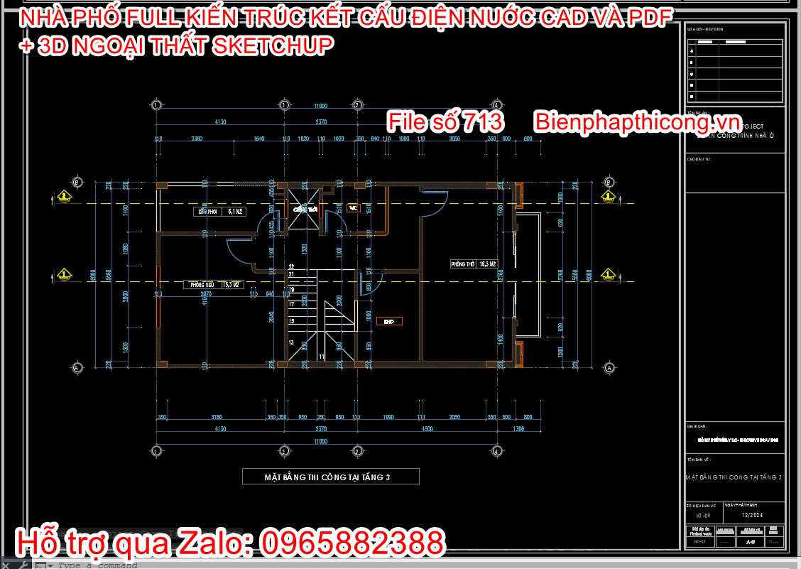 Hồ sơ bản vẽ mặt bằng nhà phố 3 tầng rộng 6m.