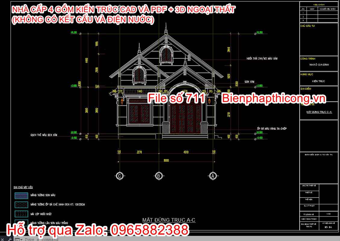 Mặt đứng công trình file pdf nhà cấp 4 mặt tiền 8m.