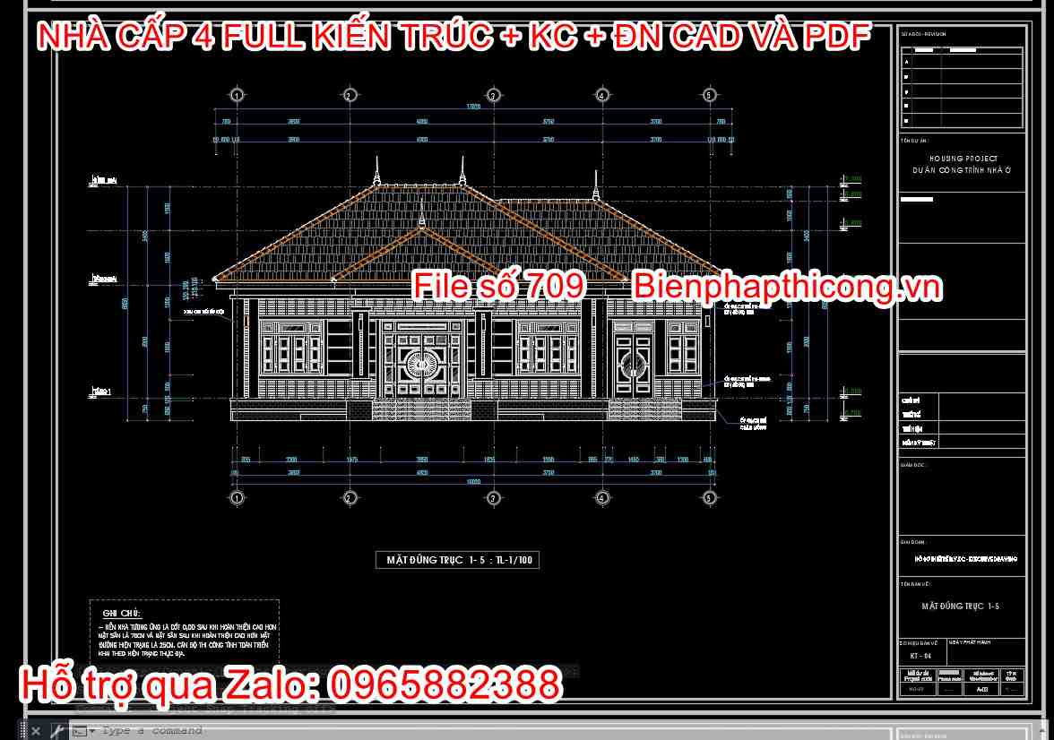 Mặt đứng file thiết kế nhà cấp 4 mặt tiền 16m đẹp.