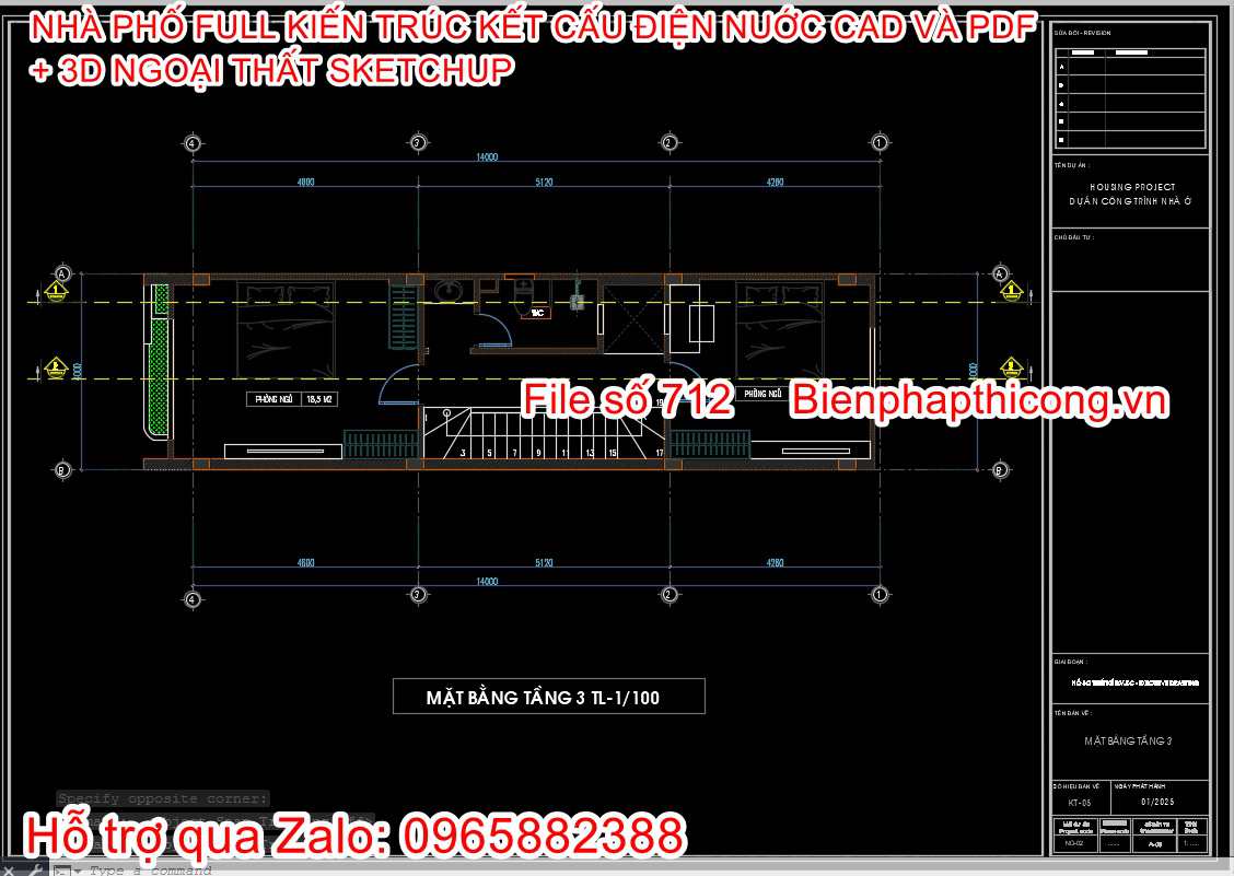 File dwg mặt bằng nhà phố 4m x 14m đẹp cad