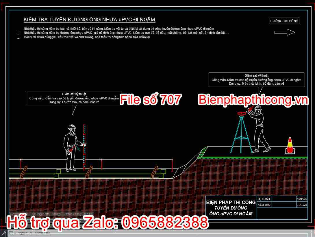 Kiểm tra tuyến đường ống nhựa uPVC đi ngầm cad.