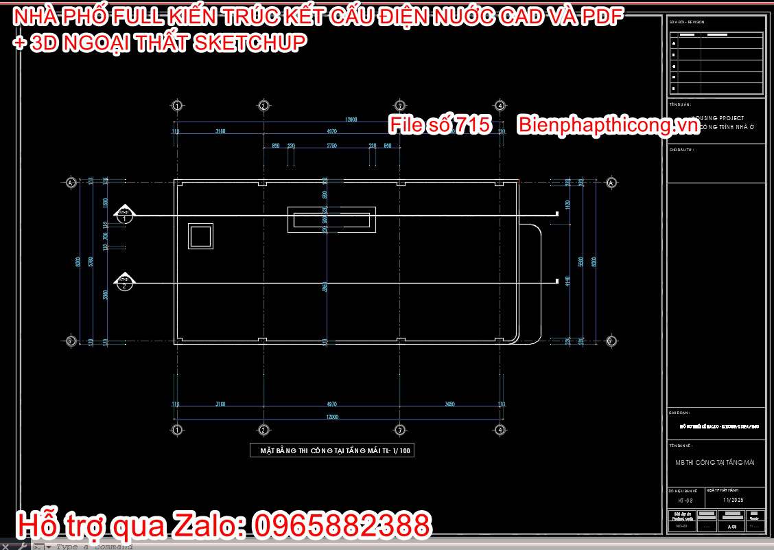 Bản vẽ mặt bằng mái nhà phố 2 tầng 6m x 12m