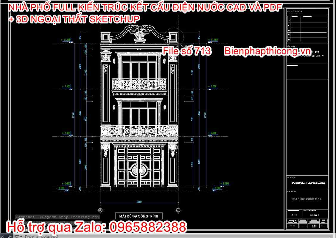 Mặt đứng công trình nhà 3 tầng cad đẹp.