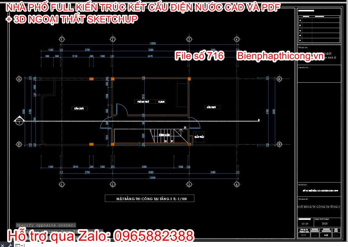 Mẫu bản vẽ nhà phố 3 tầng full kiến trúc kết cấu.