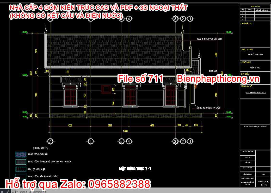 Mẫu nhà cấp 4 3 phòng ngủ file cad kiến trúc.