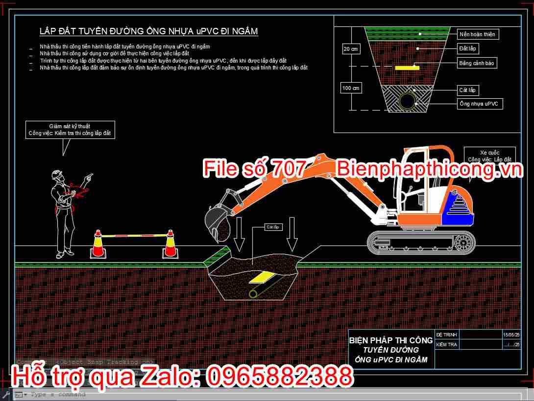 Tải bản vẽ bptc lắp đặt tuyến đường ống nhựa uPVC đi ngầm cad.