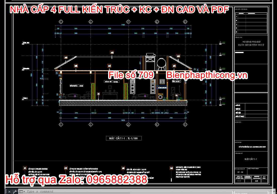 Tải mặt cắt file cad nhà cấp 4 4 ngủ mái nhật.