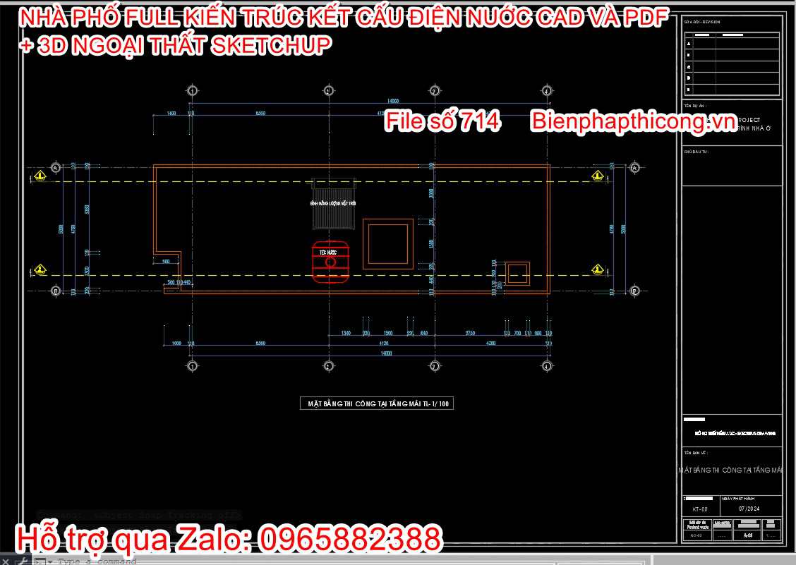 Bản vẽ thiết kế mặt bằng tầng mái nhà 2 tầng.