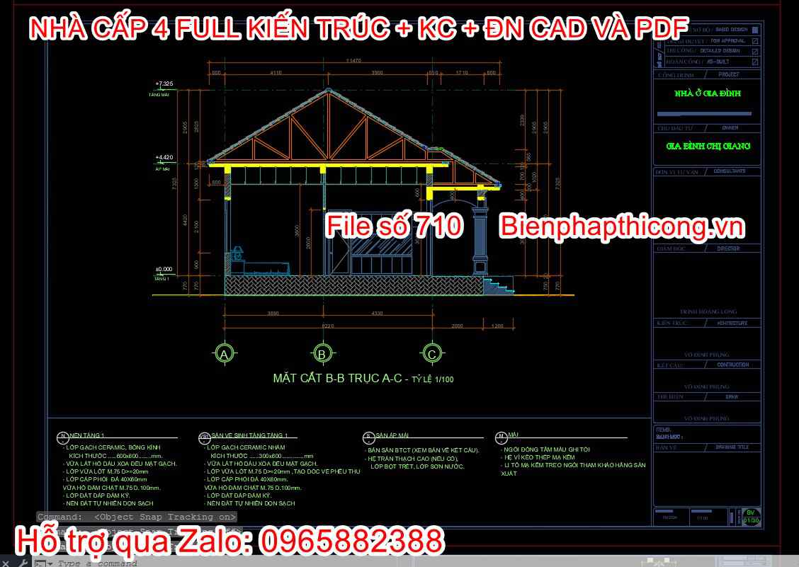 Mặt cắt nhà cấp 4 3 ngủ 120m2.