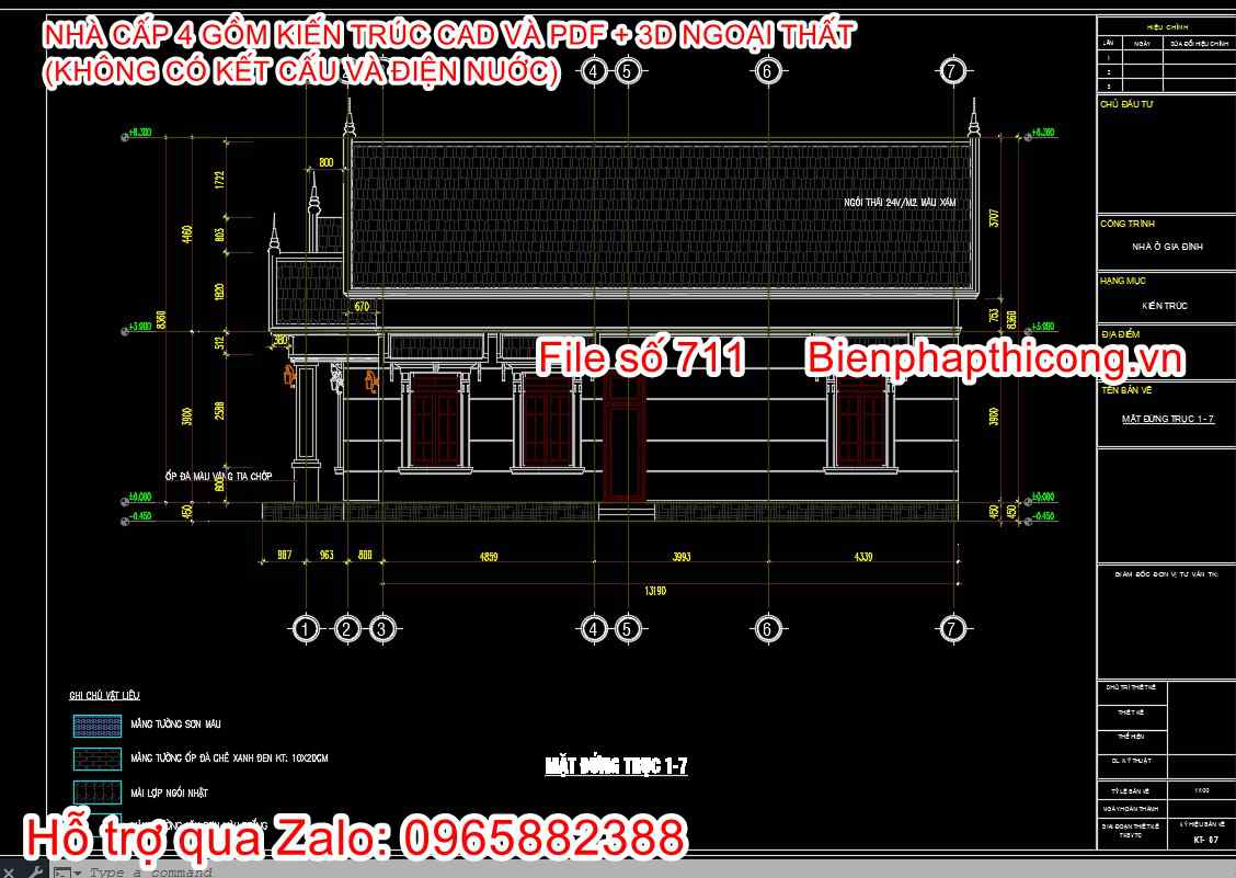 Tải bản vẽ nhà cấp 4 mặt tiền 8m file cad.