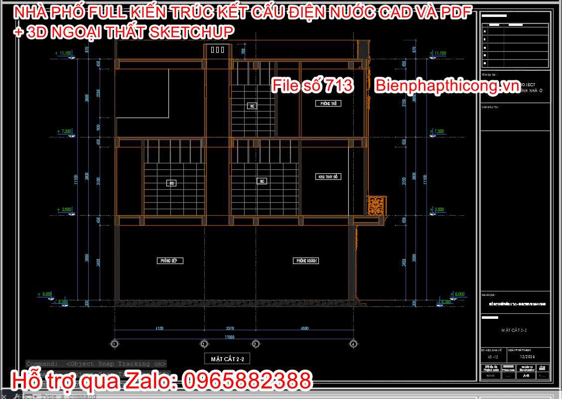 File cad mặt cắt nhà 3 tầng rộng 6m.