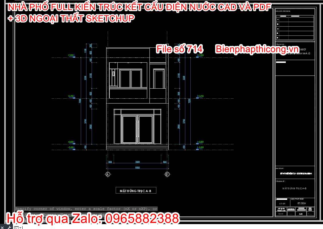 Mặt đứng công trình mẫu nhà 2 tầng mặt tiền 5m x 14m.