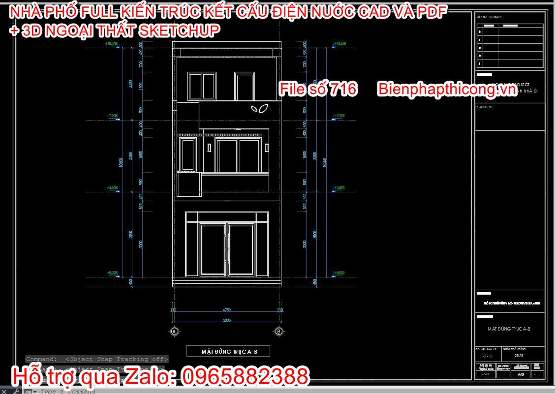 Mặt đứng công trình nhà phố 3 tầng cad đẹp.