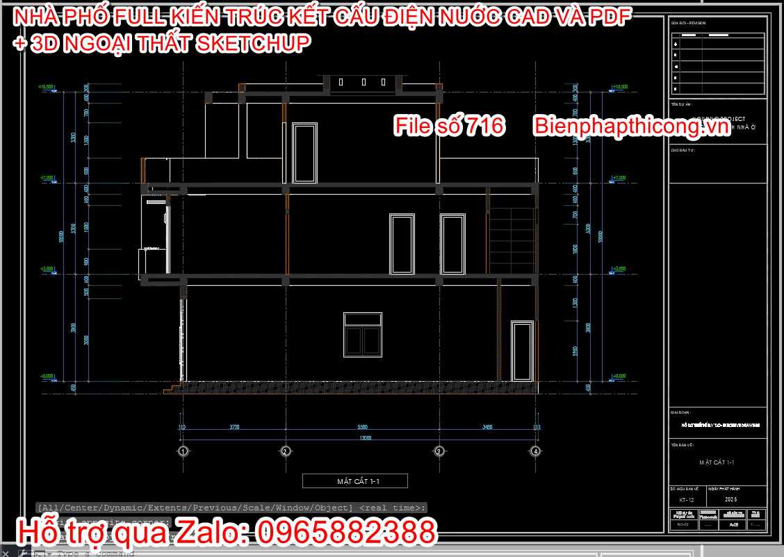 Mặt cắt bản vẽ nhà phố 3 tầng đẹp.